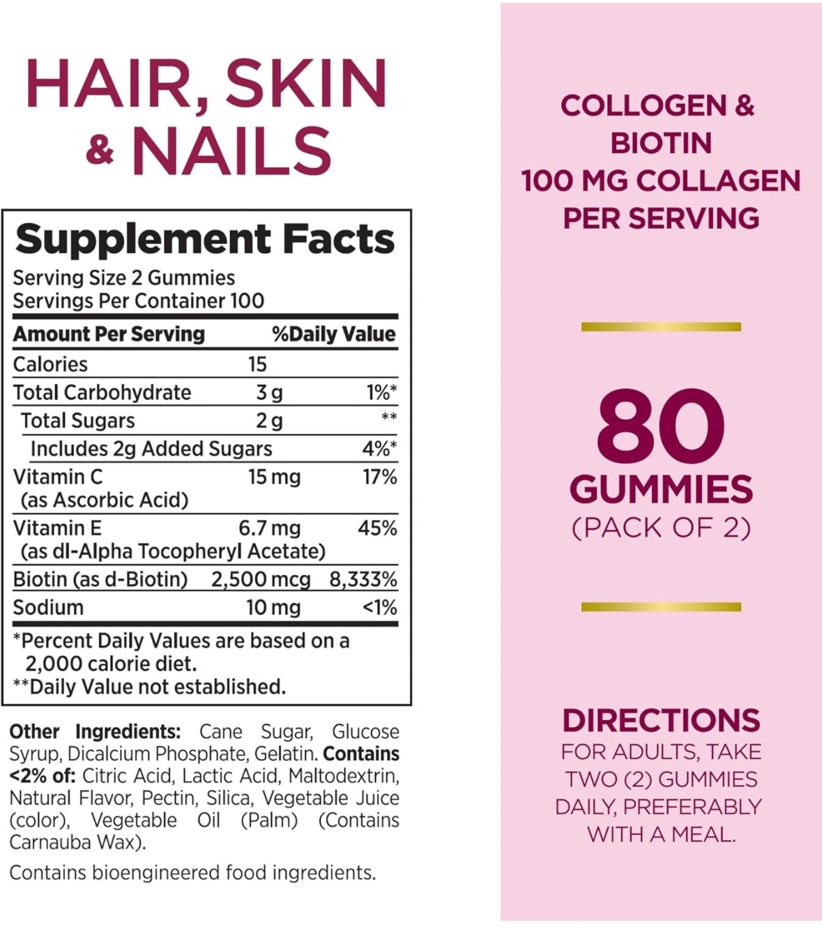 Nature’s Bounty Hair Skin Nails Biotine et Collagen Vitamines Goût Citron 80 gummies 100mcg